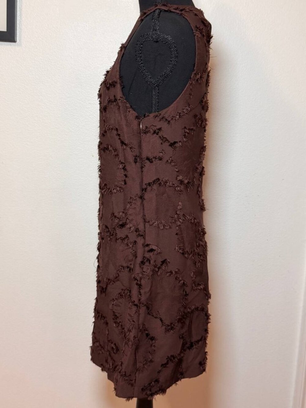 Zara Chocolate Brown Fringe Textured Mini Shift Dress 60s Mod Retro Boho Chic M - Picture 4 of 7